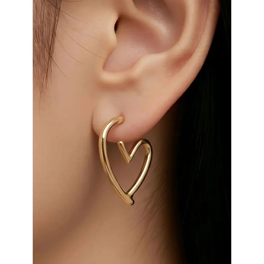 Gold Heart Hoop Earrings Stainless Steel Minimalist Romantic Gift Love Jewelry